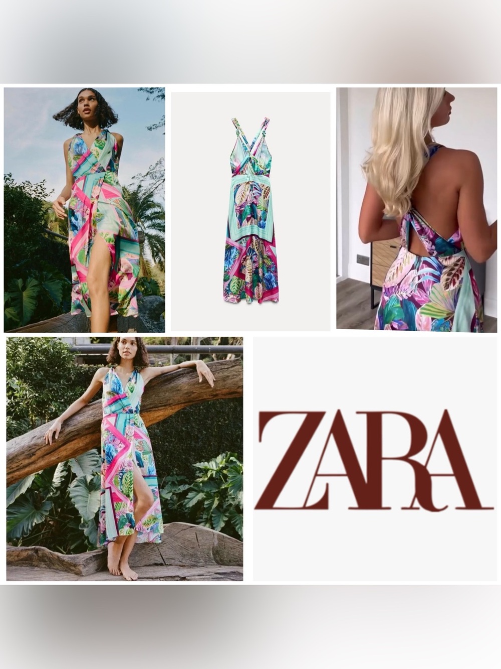 NWOT Zara Women XS Satin Tropical Print Midi high slit Dress open back faux wrap